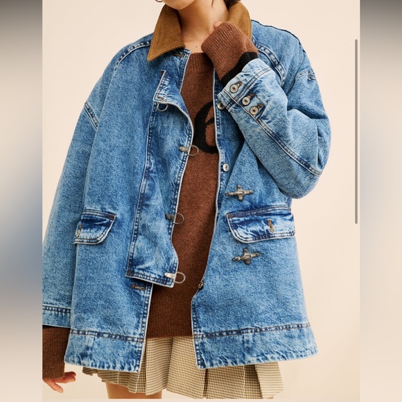 We The Free Free People Blue Denim Barn Jacket with Tan Collar - Picture 1 of 6